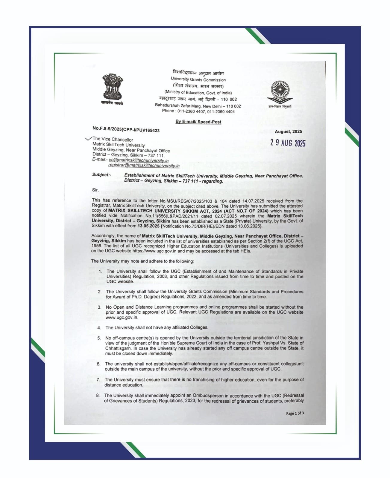 Matrix SkillTech University certificate document